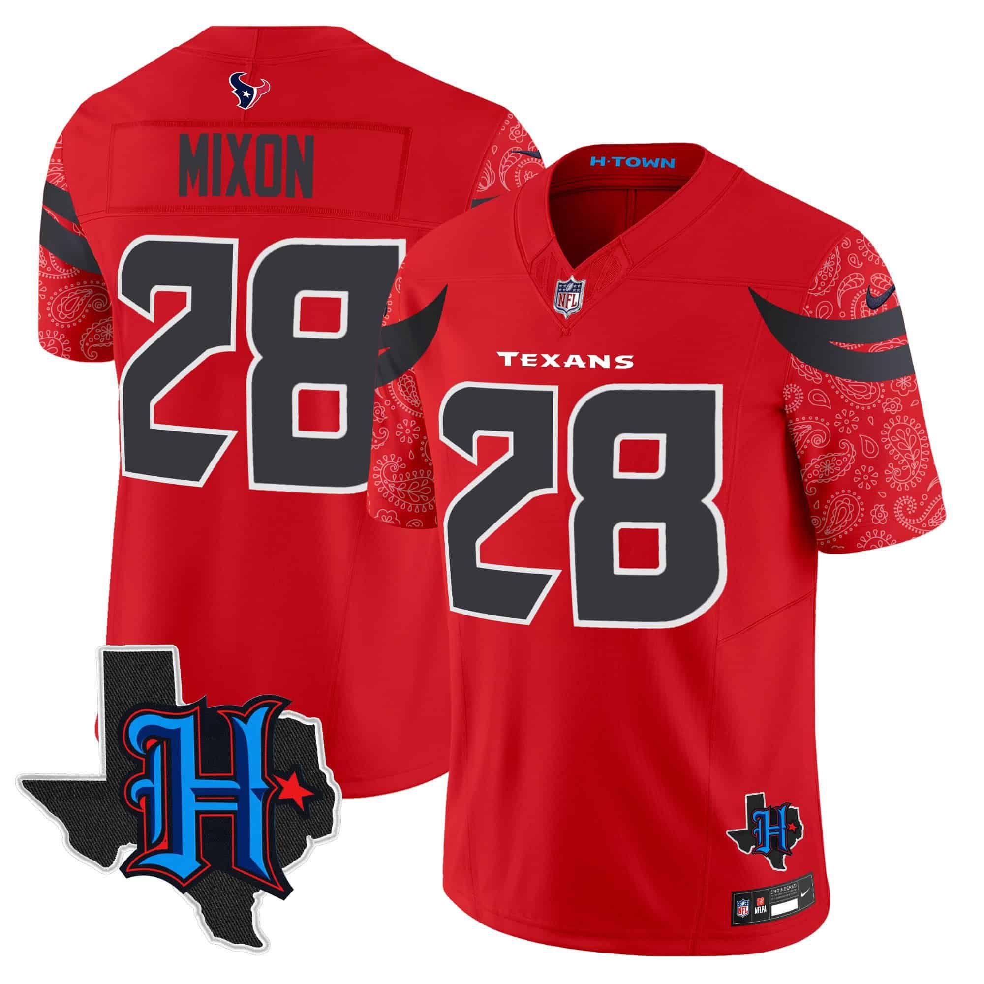 Men Houston Texans #28 Mixon Red 2024 Nike Texas Patch Vapor Limited NFL Jersey